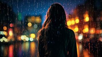 regndroppar på en suddig silhuett av en flicka genom en glas fönster på en stad gata efter regn med färgrik neon bokeh lampor foto