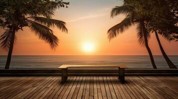 trä- tabell på de strand med hav se under solnedgång eller soluppgång silhuett av tropisk träd på terrass idyllisk havsstrand foto