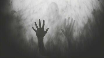 halloween tema suddig hand skugga på matt glas i svartvit foto