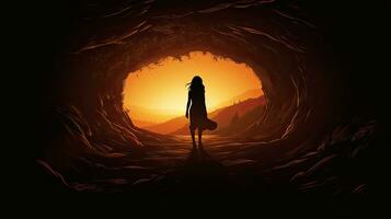 en kvinna omvandlar genom de mystisk tunnel fattande de okänd foto