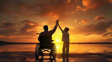ung man i en rullstol Uppfostrad händer med vårdgivare på solnedgång foto