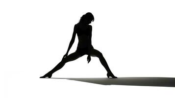 kvinna stretching ben silhuett över vit med klippning väg foto