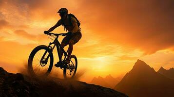 berg cyklist i solnedgång symboliserar triumf övervinnande utmaningar och arbetssätt ut foto
