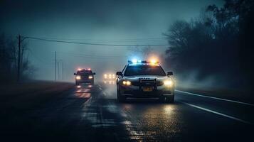 polis bilar körning på natt jagar en bil i dimma 911 polis bil rusa till brottslighet scen foto