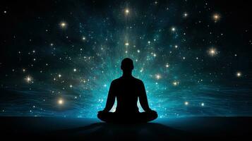 figur av person sittande mot starry bakgrund mindfulness inom yogisk öva mental välbefinnande och lugn foto