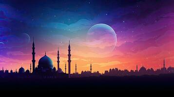 silhouetted moské mot färgrik ramadan himmel foto