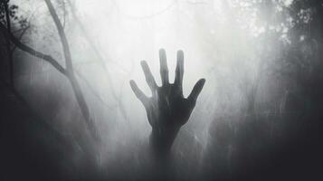 silhuett av suddig hand på frostig glas halloween tema foto