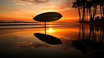 strand surfingbräda silhuett med reflexion foto