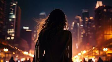 suddig stad lampor bakgrund med en flicka s mörk översikt foto