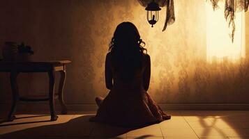 skugga av oidentifierad kvinna i henne bostad symboliserar depression foto