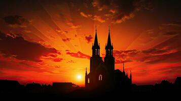 katolik kyrka silhuett mot solnedgång foto
