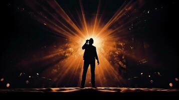 manlig sångare s silhuett upplyst förbi skede lampor på en sten konsert foto