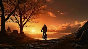 cyklist mitt i solnedgång markant förbi silhouetted träd foto