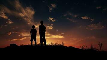 två silhouetted Pojkar på en kulle på skymning foto