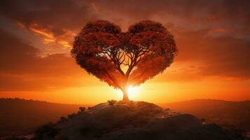 träd silhuett atop solbelyst mound hjärta formad symboliserar kärlek foto