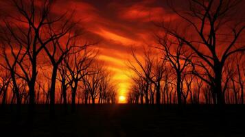 eldig röd solnedgång Bakom naken höst träd foto