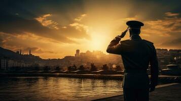 soldat hälsning med kust stad i bakgrund symboliserar skydd patriotism och hedra foto