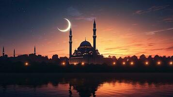 islamic natt med en moské silhuett mot en solnedgång himmel månljus och helig atmosfär avbildad i ett islamic tapet foto