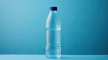produkt förpackning av plast vatten flaska isolerat på blå bakgrund foto