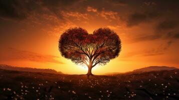 träd silhuett atop solbelyst mound hjärta formad symboliserar kärlek foto