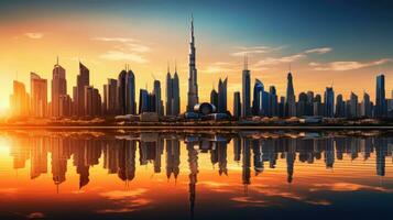 dubai stad byggnader profil på solnedgång i de förenad arab emirates foto