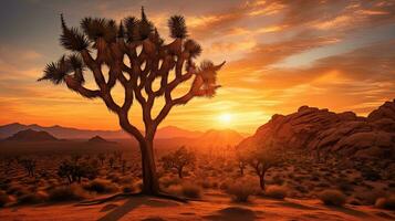 yucca träd silhouetted mot bergen på solnedgång i joshua träd nationell parkera foto