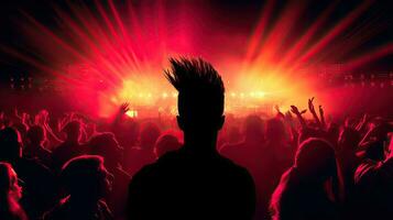 silhuetter av konsertbesökare med punk- hår upplyst förbi skede lampor foto