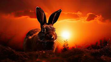 en hårig kanin kanin s silhuett på soluppgång foto