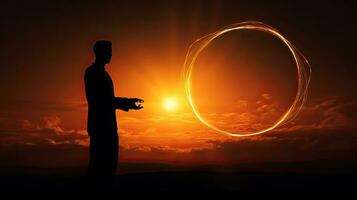 man s hand innehav en cirkel uppkopplad nätverkande trogen teknologi begrepp på solnedgång foto
