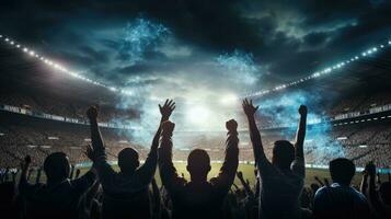 fotboll fläktar skuggor mot en belyst stadion bakgrund foto