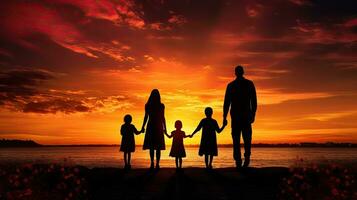 Lycklig familj med barn silhouetted mot en solnedgång foto