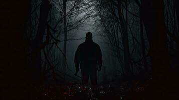 mörk skog på natt med kusligt silhuett och kniv foto