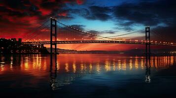 de bosphorus bro i istanbul Kalkon på natt är känd som de juli 15:e martyrer bro foto