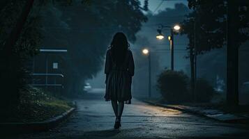 en enda ung kvinna gående Hem i en mörk parkera på natt känsla rädd och omgiven förbi en dyster atmosfär som sett från Bakom foto