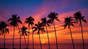 silhuett av handflatan träd på tropisk soluppgång eller solnedgång foto