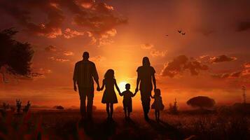 Lycklig familj med barn silhouetted mot en solnedgång foto