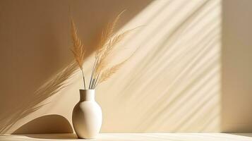 torr pampas gräs i chic vas skuggor på vägg silhuett i solljus minimalistisk dekor aning foto