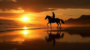 häst och ryttare galopp på ballybunion strand på kerry solnedgång i irland foto