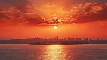 stad av istanbul silhuett på de horisont under ett orange solnedgång över de hav foto