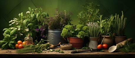 verktyg och växter för trädgårdsarbete foto