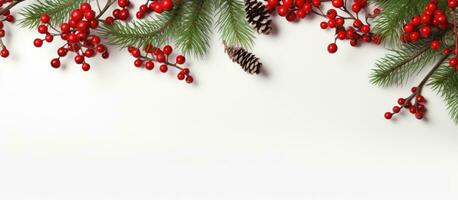 jul flatlay med gran grenar röd bär och vit bakgrund Plats för text foto