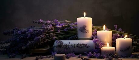 doft dekoration tillverkad av lavendel- örter blommor och ljus tid för mig foto