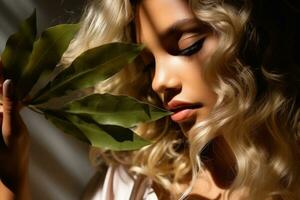 solbränna kvinna med blond hår ser ner på en blad foto
