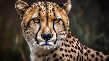 stänga upp porträtt våldsam rovdjur leopard, stirra eller ser på de kamera på öken- savann bakgrund. ai genererad foto