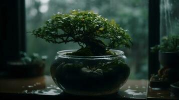 skön bonsai växt i en terrarium visa i en våt glas akvarium inomhus, regn utanför av de rum. ai genererad foto