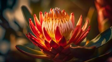 maro stänga upp av fantastisk orange exotisk kung protea blomma makro skott natur bakgrund. ai genererad foto