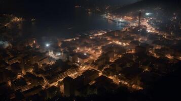 skön storstads stad skyskrapa hög stiga byggnad i de kväll solnedgång molnig himmel, upptagen natt liv, belysa ljus, antenn se, stad landskap. ai genererad foto