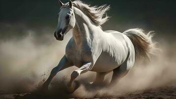 vit vild häst löpning i de natur fläck bakgrund med massa av damm på de jord. häst manövrar. ai genererad foto