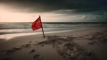 röd flagga flygande över de strand med hav vågor, mörk himmel, och naturskön horisont över vatten. ai genererad foto