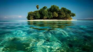 lugn scen av en tropisk strand i ett små ö med blå hav, korall, och frodig natur. ai genererad foto